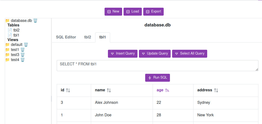 SQLite Management Tool interface showing tables and SQL editor